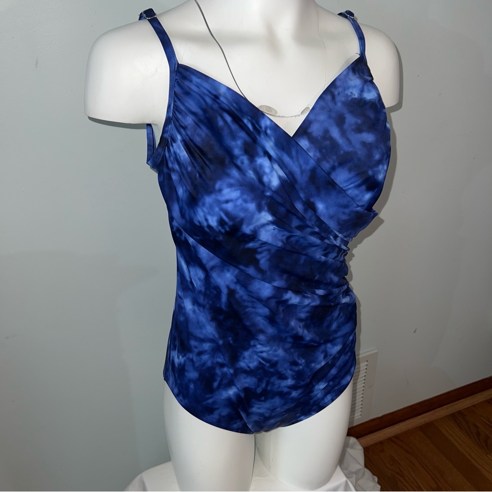 Aqua Green Blue Wrap Ruched One-Piece Bathing Suit | Size Women’s Small - Picture 3 of 14